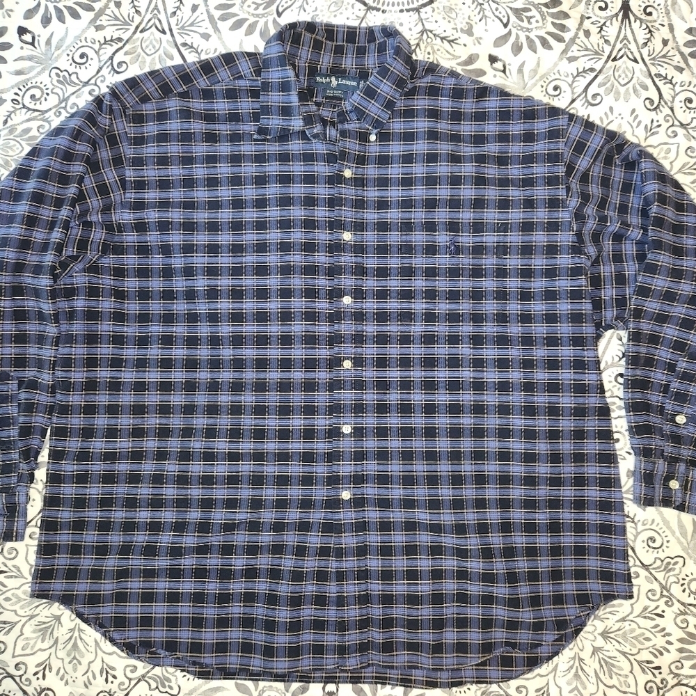 Ralph Lauren  Big Shirt Mens  Long Sleeve Button Down Navy  Plaid XXL